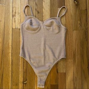 Spaghetti Strap Ribbed Leotard in Nude